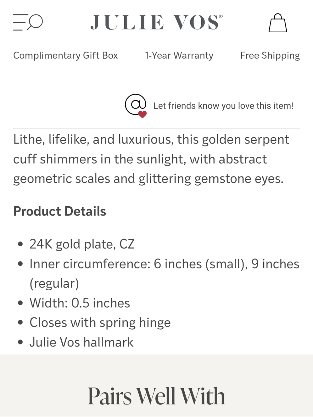Julie Vos Gold Snake Cuff Bracelet Small - Picture 8 of 8